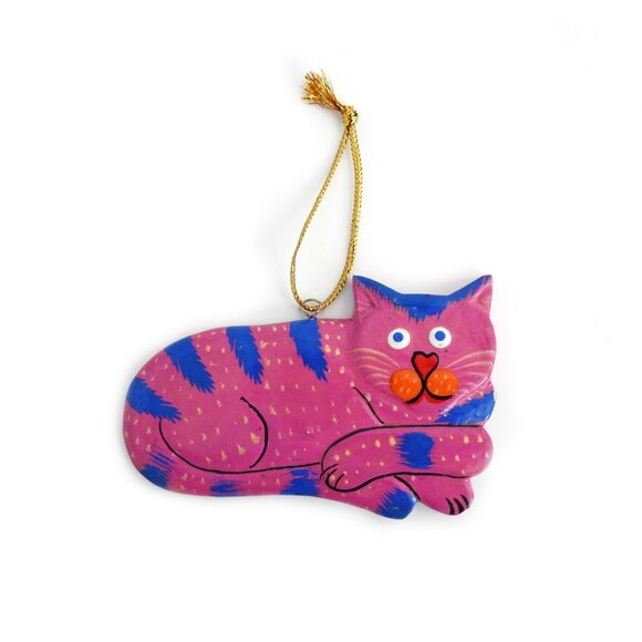 1990s Laurel Burch Wooden Cat Ornament Hand Painted - Picture 1 of 3